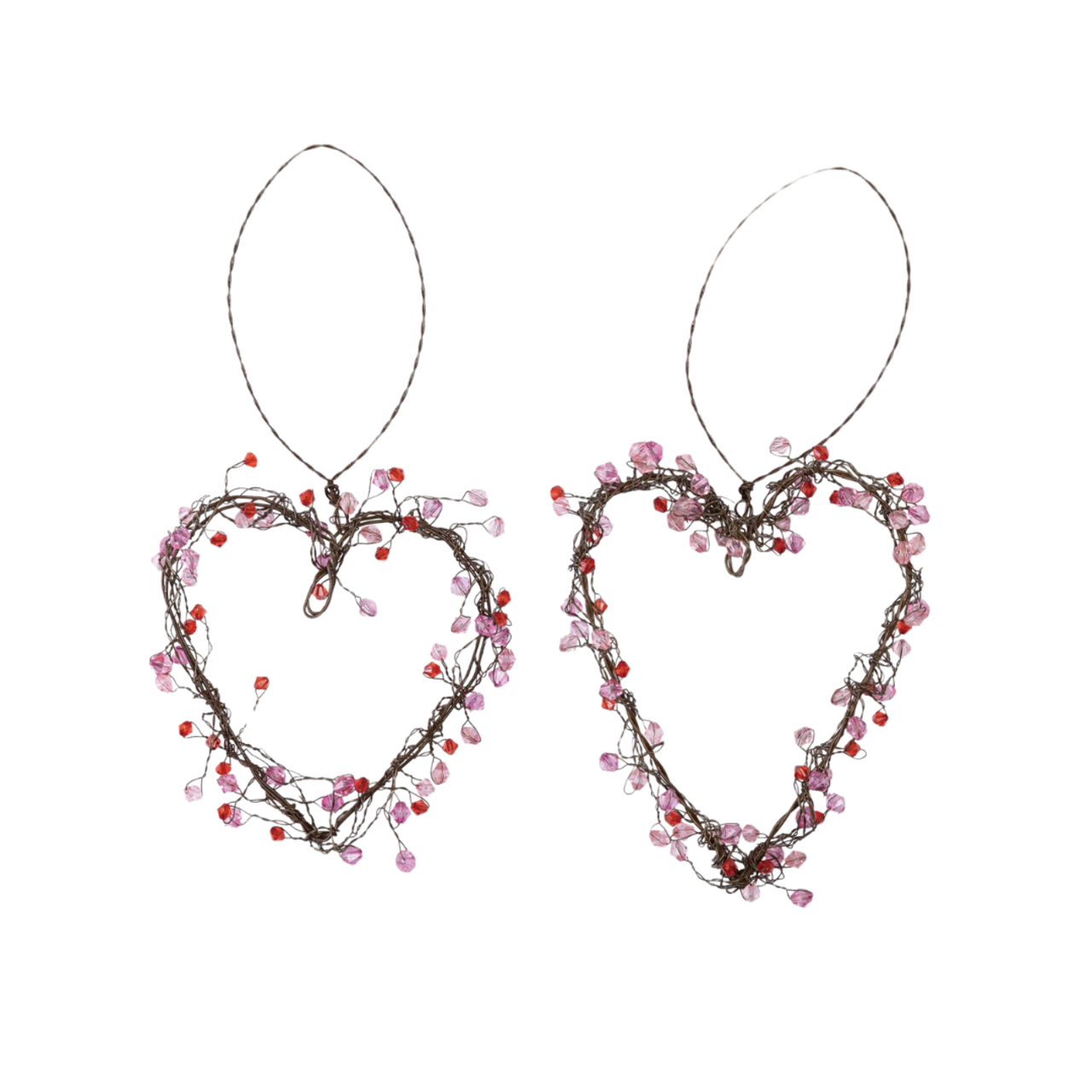 Transpac Wire Hanging Hearts with Red Beads, Set of 2, Pink Plastic Decorative Sculptures for Valentine's Day, 6in x 5in